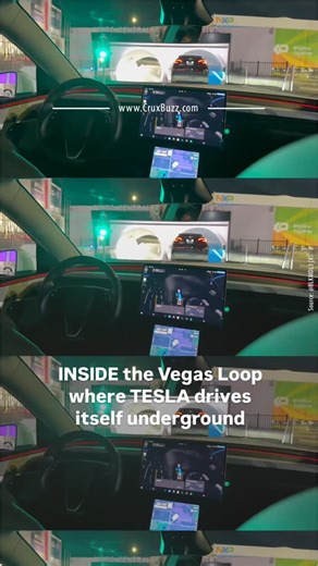 CruxBuzz on Instagram: "A Tesla navigates the Vegas Loop completely autonomously from pickup to drop-off. The Las Vegas Convention Center Loop is an underground transportation system built by the Boring Company, featuring tunnels located 40 feet below ground. Since opening in 2021, Tesla vehicles shuttle passengers between stations across the convention center complex, cutting a 25-minute walk to about 2 minutes. The system currently operates 1.7 miles of tunnel with eight stations and has trans
