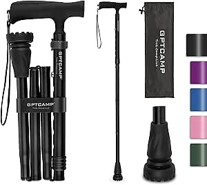 GPTCAMP G2 Walking Stick, Fold-up Walking Cane for Women and Men with Wrist Strap, Portable, Foldable, Collapsible, Lightweight and Sturdy with Comfortable T Handle