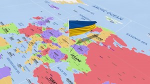 Download Ukraine Flag Waving in Wind, World Map Rotating around Flag, Seamless Loop, 3D Rendering for free
