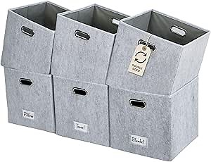 DECOMOMO Felt Storage Bins, 11 inch Cube Storage Bin with Labels | 6 Pack Storage Baskets for Shelves, Kallax (Light Grey)