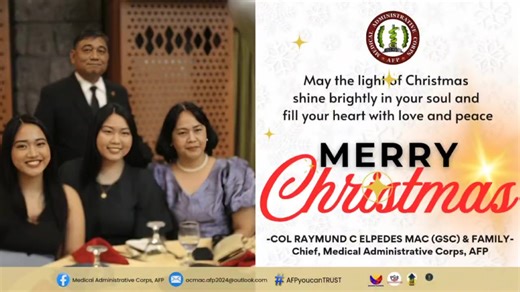 Christmas is a time for family, reflection, and renewed purpose. Yet, for many in service, the season is also marked by continued commitment to CALL OF DUTY in support of the greater good. In this season, my family and I extend our heartfelt Christmas greetings to our Medical Administrative Corps Officers and civilian allied health professionals. As prime movers toward strengthening health security, your dedication, professionalism, and behind-the-scenes service ensure the readiness, resilience,