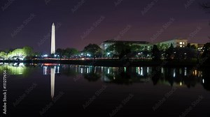 Time lapse of Washington Monument reflecting in Tidal Basin at night while Washington, DC traffic drives by.