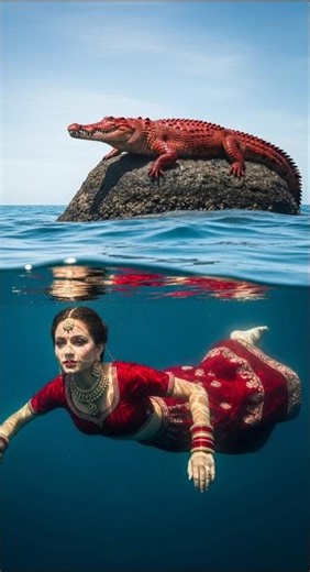 An Indian army soldier save a bride from a red crocodile in the sea #ai #army #bride #shorts #viral
