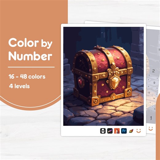 Treasure Chest on Stone - Color by Number - Digital & Printable - 4 Levels - Etsy