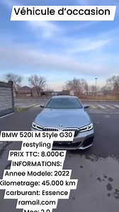 BMW 520i M Style G30 restyling PRIX TTC: 8.000€ INFORMATIONS: Annee Modele: 2022 Kilometrage: 45.000 km carburant: Essence ramail.com Moe: 2.0 Direction assistée - Air conditionné Chauffage - Contrôle de vitesse - Jantes en alliage - Stéréo Bluetooth avec écran - Capteurs de stationnement - Caméra de recul - Capteurs de pluie - Verrouillage | Véhicule d’occasion