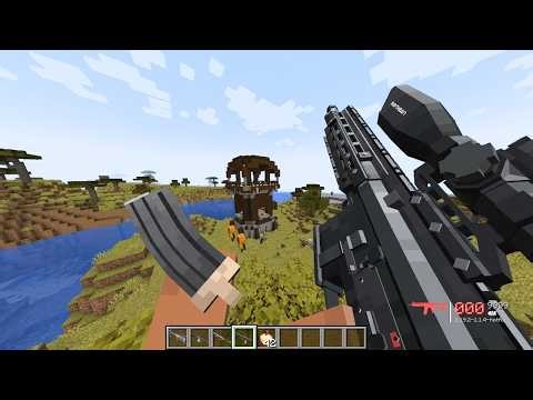 I attack Pillager village base camp using a modern gun in Minecraft.