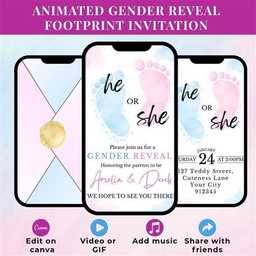 Animated Gender Reveal Invitation | Baby Footprint Gender Reveal Video | Minimalist Pink Blue He or She Invite | Editable Canva Template - Etsy