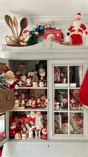 L A U R I E on Instagram: "Well, that spiraled. I didn’t realize how many Santa’s I have until I put them all in one place. I think there’s room for more.. what do you think?? Fun fact.. Every single item in this cabinet (except for the cookbooks) are vintage. Most are mid century (1940’s-60’s).. a few are antique, and maybe one or two 1970’s guys. Which one is your favorite? . #santa #vintagesanta #holthoward #tistheseason"