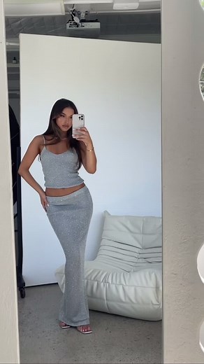 Weekend 'fit check ✨ Shop the new 'Love Galore' sequin top and 'Star Shining' sequin maxi skirt in grey #whitefox #weekendoutfit #fitcheck