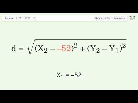 Find the distance between two points p1 (-52,-65) and p2 (51,60): Step-by-Step Video Solution