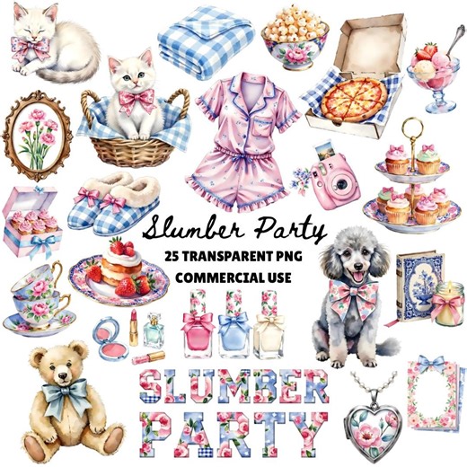 Slumber Party Clipart Grandmillenial, Girls Pink and Blue Sleepover Clipart, Best Friends Png, Pizza and Popcorn Clipart Commercial Use - Etsy