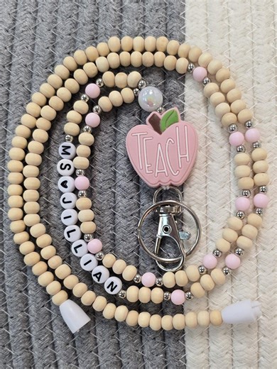 Pink Apple Teacher Lanyard Beaded Personalized Work Badge ID Holder Teacher Appreciation Gift Back to School End of School Year Gift - Etsy