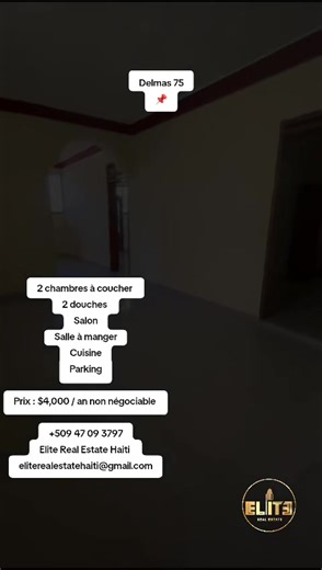 Delmas 75 2 chambres à coucher 2 douches Salon Salle à manger Cuisine Parking Prix : $4,000 / an non négociable 509 47 09 3797 Elite Real Estate Haiti eliterealestatehaiti@gmail.com