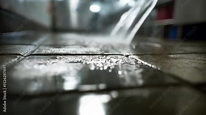 Professional janitor deep cleaning restaurant kitchen floor, spraying high pressure water jet for sanitizing surfaces and ensuring workplace cleanliness and safety standards