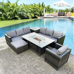 [Hot Item] Outdoor Patio Rattan Garden 8-Seater Fire Pit Dining Set Furniture
