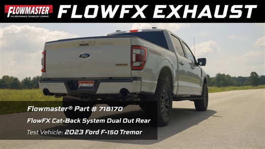 FlowFX Cat-back Dual Tailpipe Exhaust for 2021-2024 Ford F-150 Trucks (718170) This Flowmaster FlowFX cat-back exhaust system is for the 2021-2024 Ford F-150 with the 2.7, 3.5, or 5.0-liter engine. This system is manufactured using durable 409 stainless steel tubing and is mandrel-bent for better exhaust gas flow. FlowFX mufflers are used for aggressive to moderate sound levels and maximum performance. This FlowFX cat-back system uses 4.50-inch black ceramic-coated stainless steel tips for added