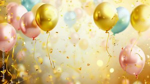 Yellow festive birthday party background with balloons, confetti and party or birthday celebration copy space template