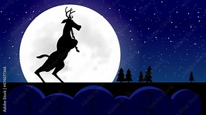 The deer rears up against the background of the starry sky with a large moon. Looped animation with a silhouette of a drawn character in blue.