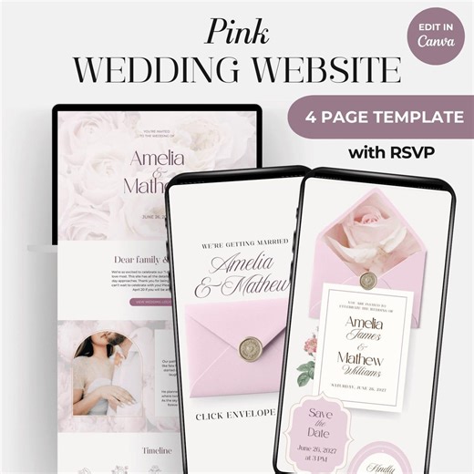 Pink Wedding Website Template With RSVP Form | Invitation Website Canva Envelope - Etsy