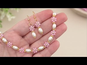 DIY Pink Crystal FLOWER Pearl Bead Bracelet & Earrings 🌸 EASY & CUTE Beaded DAISY Bracelet Tutorial!