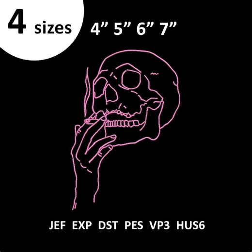 Skull Line Art Embroidery Design, Gothic Skeleton Smoking Portrait, Dark One Line Drawing, Minimal Horror Machine Embroidery File, Neon File - Etsy