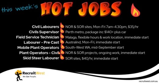 This week's HOT JOBS at RecruitWest. For a full list of opportunities waiting to be filled, visit https://recruitwest.com.au/jobs-perth/ #recruitwest #hotjobs #ApplyNow | RecruitWest