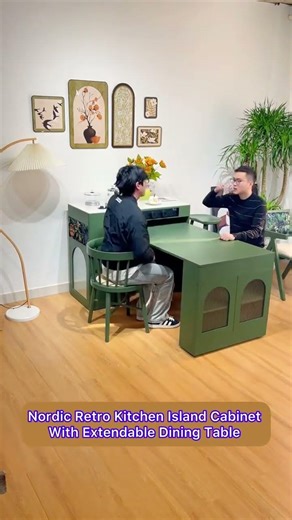 Nordic Retro Kitchen Island Cabinet with Extendable Dining Table