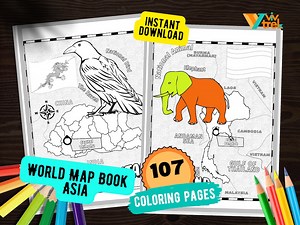 107 Seiten Asien Weltkarte Ausmalbilder Geographie Karte Malseiten mit Karte, Emblem, Tier und viele mehr für Kinder, Studenten - Etsy.de