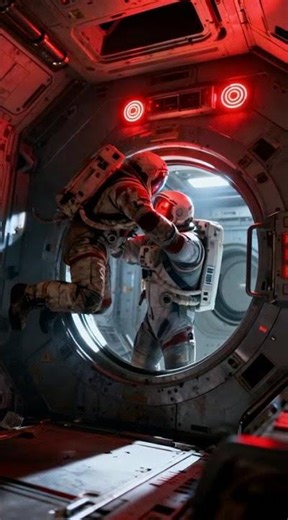 Space station airlock rescue, red alarm lights flashing, cinematic sci-fi realism, saving.