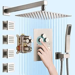 Shower Body Sprays Systems with Push Button, All Metal Shower Jets System, 10" Rain Shower Head with 4PCS Body Jets and Handheld Shower Faucet Sets Complete, Rough-in Valve, Brushed Nickel