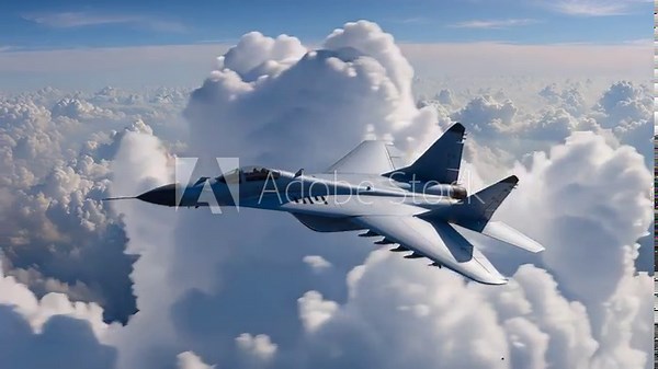 Fighter jet flying through cloud formations at high altitude. Aircraft performs banking maneuvers with dynamic camera panning and tilting movements.