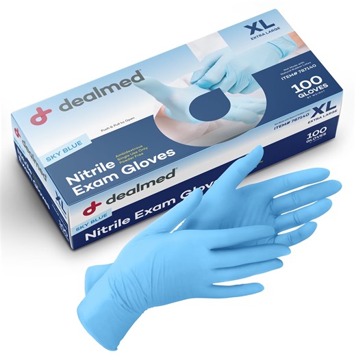 Dealmed Nitrile Medical Exam Gloves, Powder-Free, Latex-Free, Disposable for Food Prep, Cleaning, Tattoo, Beauty, Medical, Sky Blue, X-Large, 100/Box (Pack of 1)