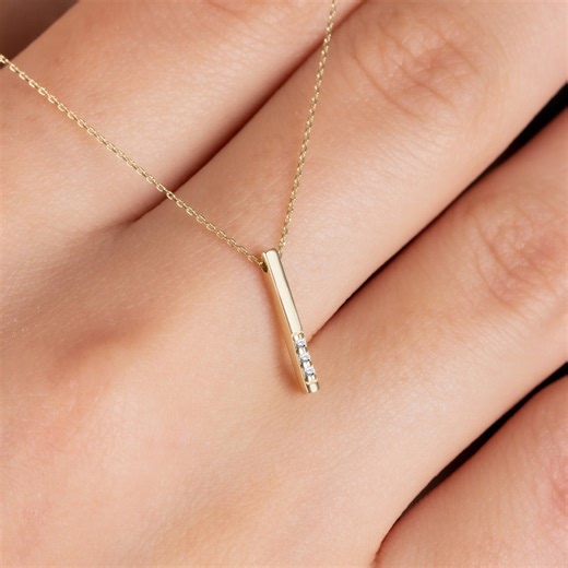 14K 10K Solid Gold Vertical Real Diamond Bar Necklace, Rectangular Cut Pendant - Etsy