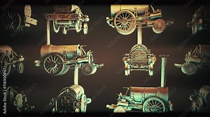 Creative Animation Of Historic Steam Locomotive Rotating On Brown Background. Historic Cartoon Animated Steam Train Abstract Art Background. Historic Vintage Steam Engine Movement Media Background
