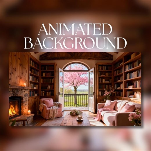 Animated Background | Cozy Spring Library Living Room | Pink Blossom Tree View & Fireplace | MP4 Digital Download | AB58 - Etsy