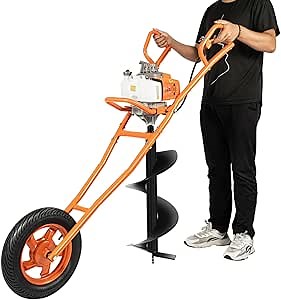 63CC Post Hole Digger Gas Powered 2.2kw Gasoline Gas Auger Post Hole Digger Wheelbarrow Earth Auger Borer Ground Drill w/ 11" Bit for Fence Ground Drill Garden Tree Planting (Orange)
