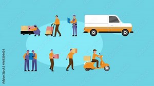 Delivery service men delivering parcels by car scooter bike cartoon animation