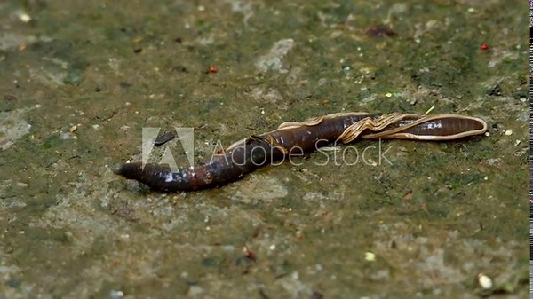 A close-up wildlife video documenting the predatory behavior of a hammerhead worm (land planarian, genus Bipalium) tightly wrapping around an earthworm and releasing sticky toxic mucus.