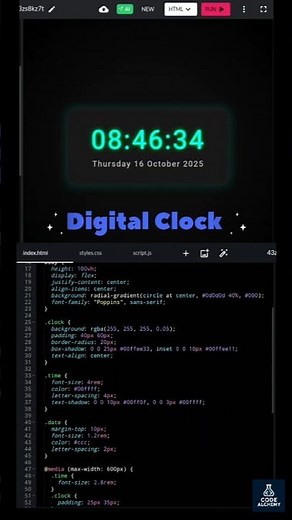 digital clock using html css and javascript #html #css #javascript #digitalclock | Code Alchemy