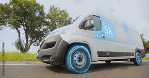 Smart logistics. Fast delivery with smart logistics. White minibus with IOT in delivery