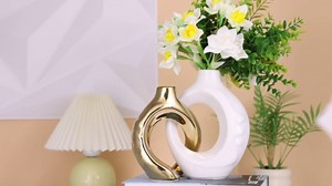White Gold Ceramic Vase Set of 2 for Modern Home Decor,Round Boho Vase for Pampas Grass,Neutral Minimalist Statue for Dining Room Table Centerpiece Dining Room,Wedding Table Decoration