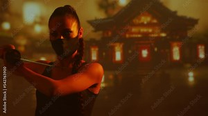 Beautiful ninja girl in a mask and with a katana. Samurai woman on the background of a traditional Japanese temple. Stock Video