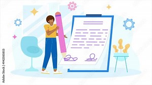 contract document with a person character bring huge pencil illustration business animated video