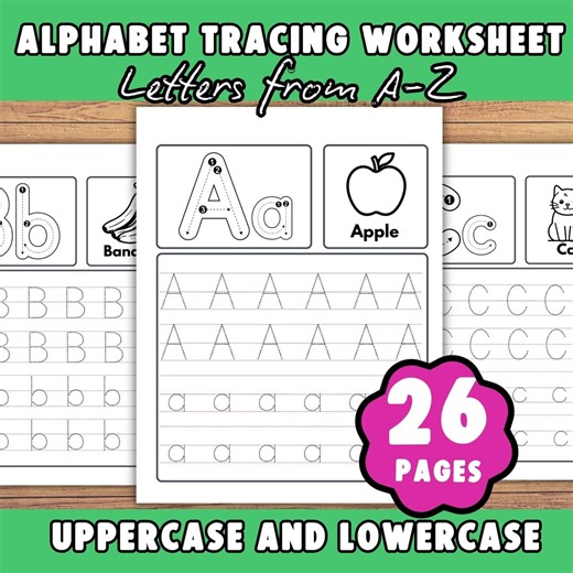 Alphabet Tracing Worksheets | 26 Printable Pages | Printable Handwriting Practice Sheets for Preschool, Pre-k, Kindergarten - Etsy