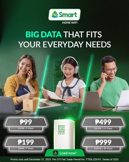 There’s a BIG DATA promo for every kind of digital lifestyle. Load what fits you best at https://smrt.ph/BigDataOLS Don’t have a Smart Home WiFi device yet? Switch now: https://smrt.ph/switchto5G | Smart Communications, Inc.
