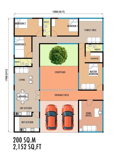 Modern Courtyard House Floor Plan | 4 Bedrooms