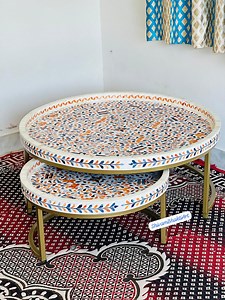 Handcrafted Bone Inlay Round Coffee Table Set - Etsy