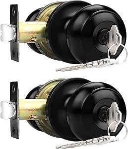 Probrico Keyed Entry Door Locks, Exterior Interior Door Knob with Lock 2 Pack, Bedroom Bathroom Door Locks Same Key, Matte Black Finish Lockset, Flat Ball Knob