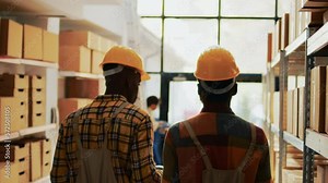 Team of people working on inventory with scanner and list of products, planning shipment with merchandise logistics. Two men scanning retail store goods on racks and shelves. Handheld shot.