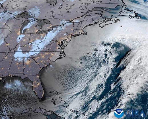 The powerful Nor'easter that pounded the Eastern Seaboard this weekend has pushed away from the U.S. In this imagery from National Oceanic and Atmospheric Administration (NOAA)'s GOES East (#GOES19) yesterday, you can see the storm spinning off the coast as #snow is visible on the ground as far south as Georgia. Check out your Monday foreast here: weather.gov | NOAA Satellite and Information Service